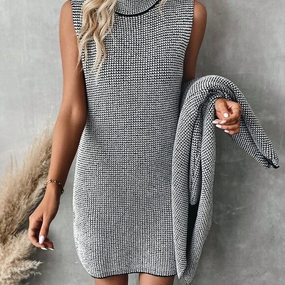 Multicolor Casual Women's Long Sleeve Cardigan & Stand Collar mini dress set - Picture 8 of 8